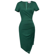 Belle Poque Short Sleeve V-Neck Asymmetrical Hips-Wrapped Dark Green Bodycon Pencil Dress BP000363-3